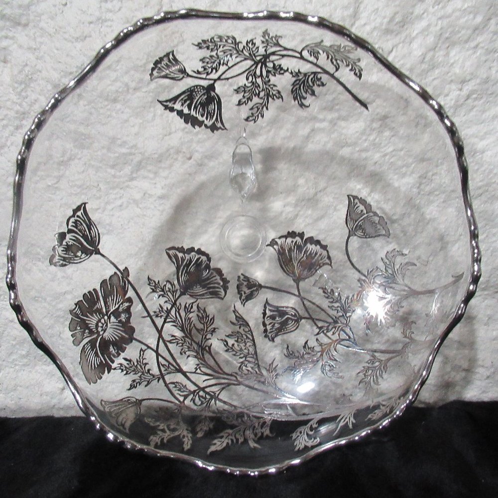 Cambridge Caprice Glass Footed Bowl with Metallic Flowers.